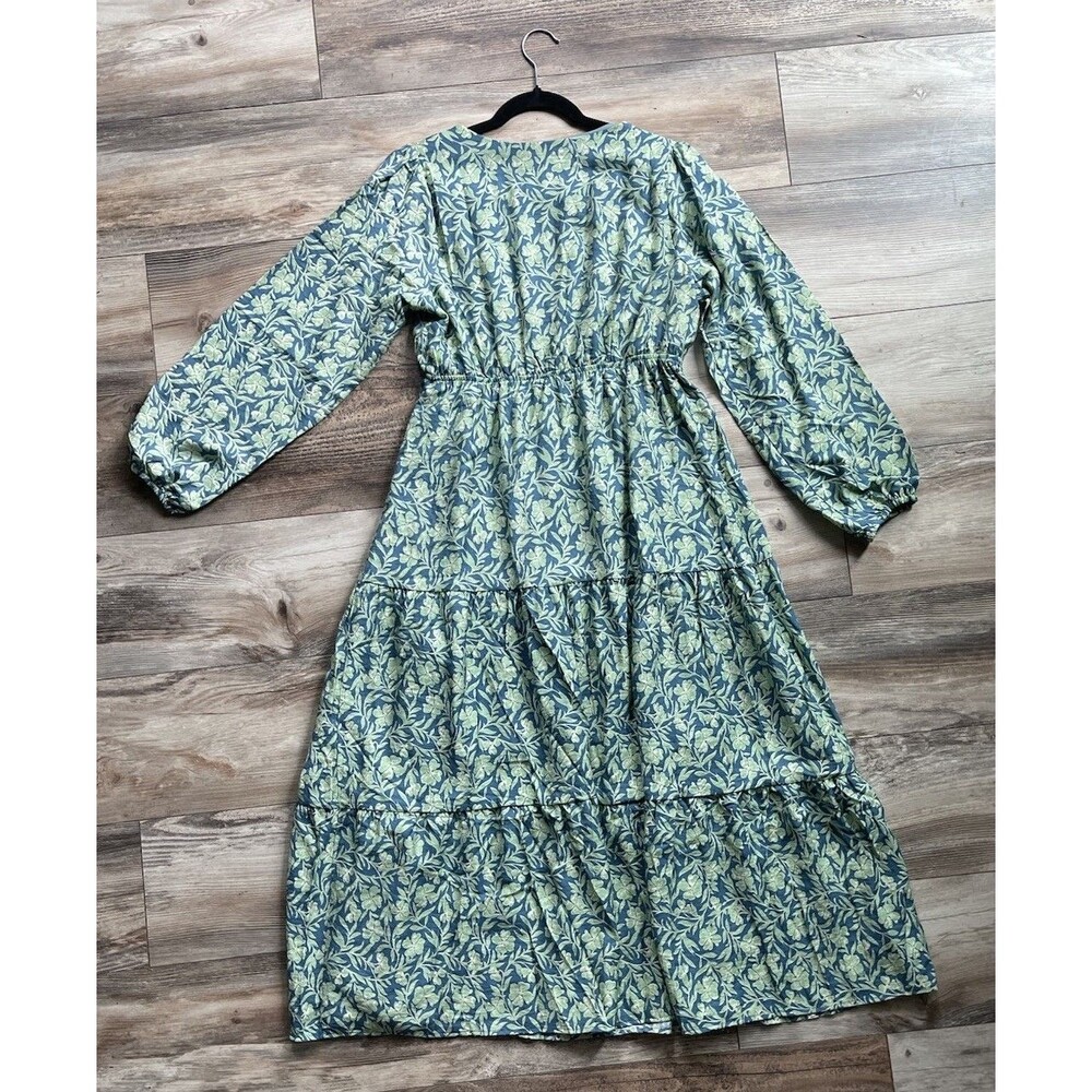 New Gilli Dress Blue Green Leaf-Print V-Neck Maxi Boho Dress Medium Rayon Lined - Picture 2 of 7